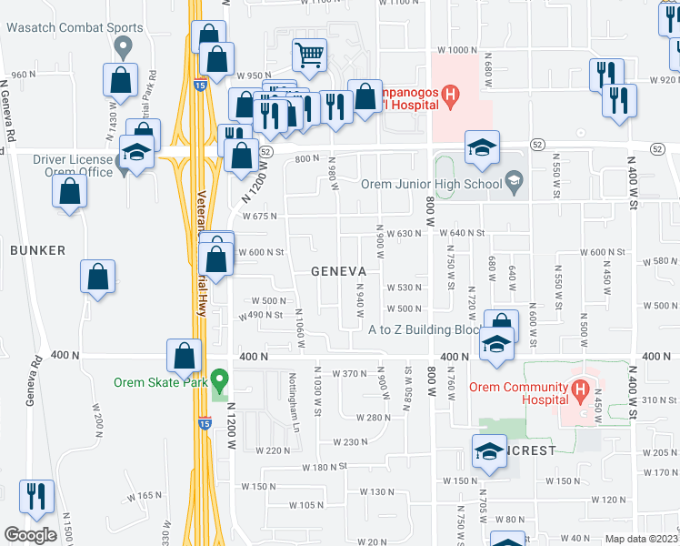 map of restaurants, bars, coffee shops, grocery stores, and more near 568 North 980 West in Orem