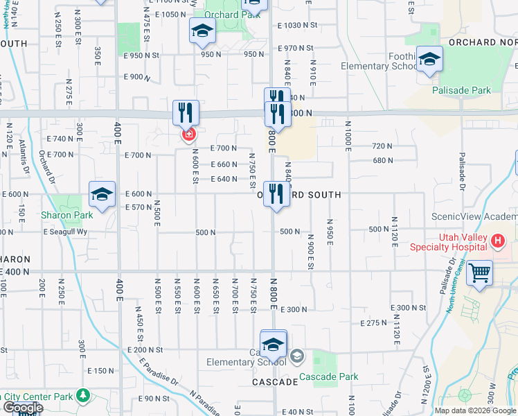 map of restaurants, bars, coffee shops, grocery stores, and more near 746 East 600 North in Orem