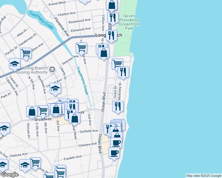 map of restaurants, bars, coffee shops, grocery stores, and more near 15 Greeley Terrace in Long Branch