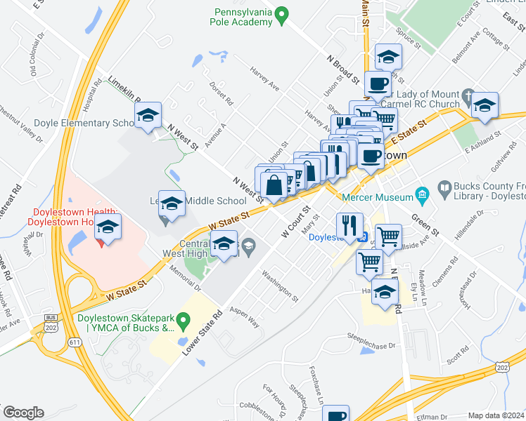 map of restaurants, bars, coffee shops, grocery stores, and more near 235 West State Street in Doylestown