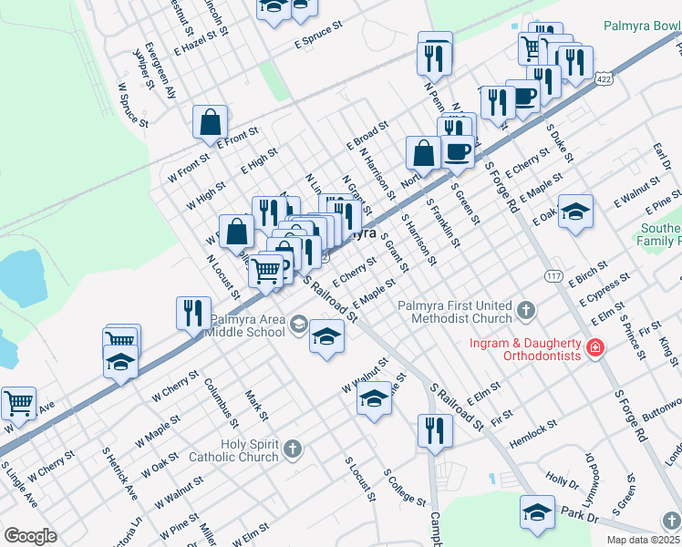 map of restaurants, bars, coffee shops, grocery stores, and more near 129 East Cherry Street in Palmyra