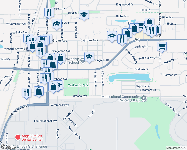map of restaurants, bars, coffee shops, grocery stores, and more near 301 South Steffler Street in Rantoul