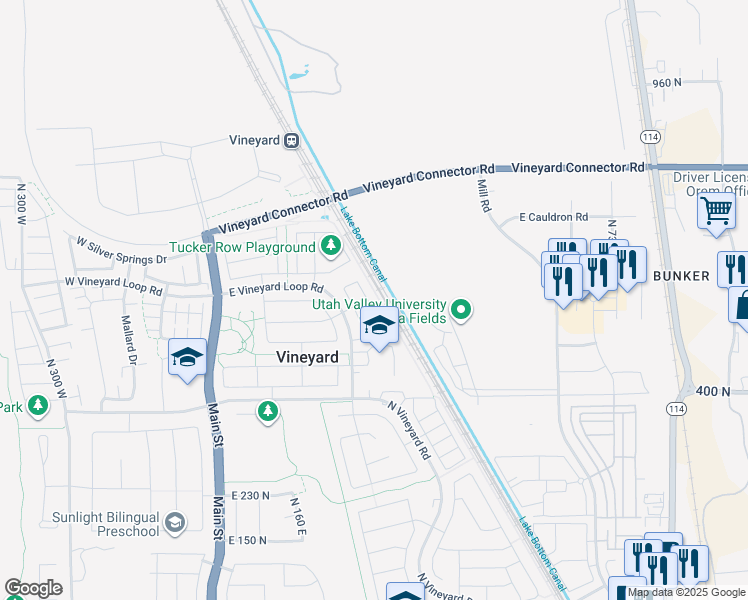 map of restaurants, bars, coffee shops, grocery stores, and more near 576 North 290 East in Vineyard