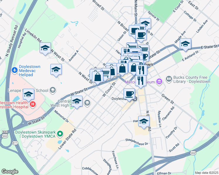 map of restaurants, bars, coffee shops, grocery stores, and more near 211 West Court Street in Doylestown