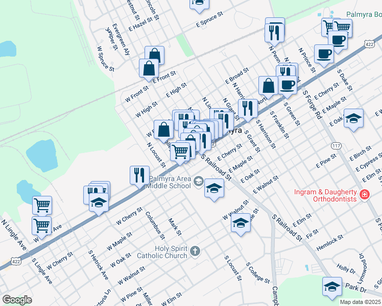 map of restaurants, bars, coffee shops, grocery stores, and more near 25 West Main Street in Palmyra