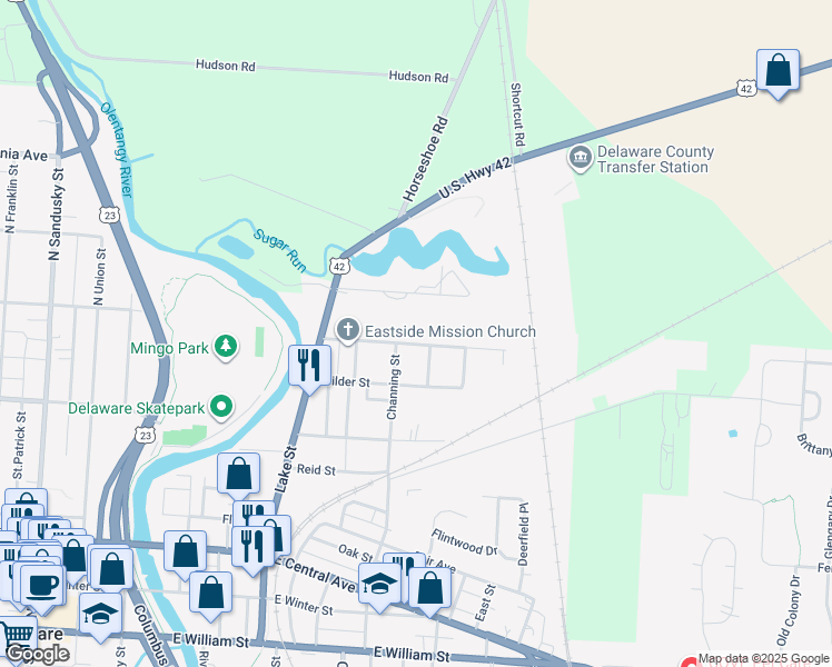 map of restaurants, bars, coffee shops, grocery stores, and more near 89 Joy Avenue in Delaware