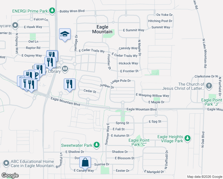 map of restaurants, bars, coffee shops, grocery stores, and more near 2004 Juniper Drive in Eagle Mountain