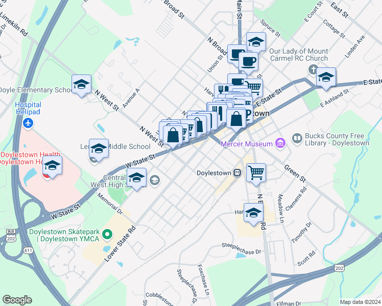 map of restaurants, bars, coffee shops, grocery stores, and more near 211 West Court Street in Doylestown