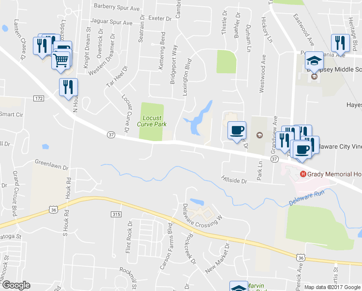 map of restaurants, bars, coffee shops, grocery stores, and more near 1056 Chatham Lane West in Delaware