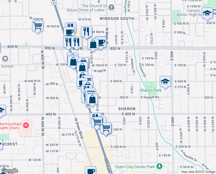 map of restaurants, bars, coffee shops, grocery stores, and more near 568 North Main Street in Orem