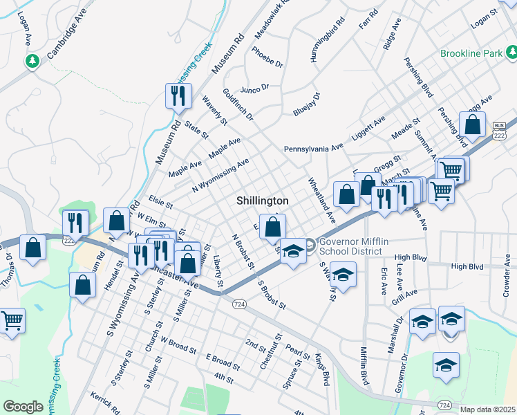 map of restaurants, bars, coffee shops, grocery stores, and more near 213 State Street in Shillington