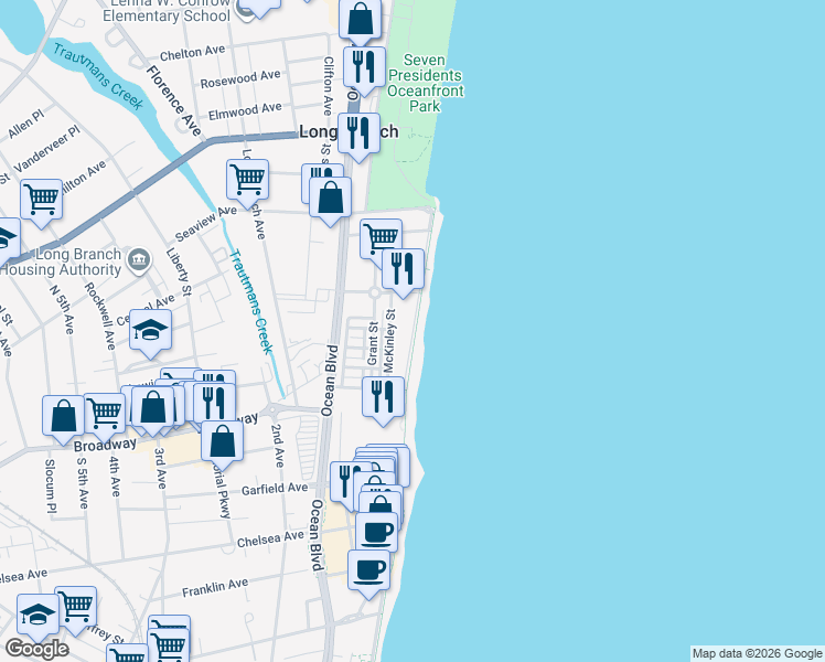 map of restaurants, bars, coffee shops, grocery stores, and more near 30 McKinley Street in Long Branch