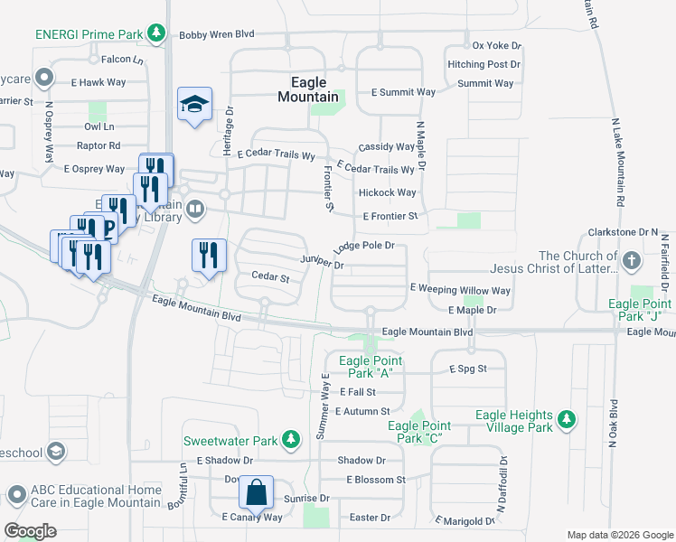 map of restaurants, bars, coffee shops, grocery stores, and more near 2004 Juniper Drive in Eagle Mountain