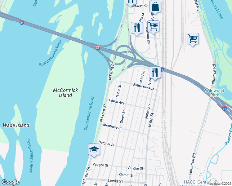 map of restaurants, bars, coffee shops, grocery stores, and more near 3610 North 2nd Street in Harrisburg