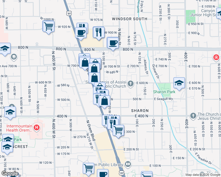 map of restaurants, bars, coffee shops, grocery stores, and more near 553-575 Monterey Drive in Orem
