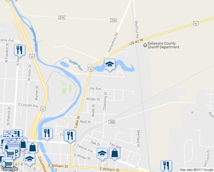 map of restaurants, bars, coffee shops, grocery stores, and more near 89 Joy Avenue in Delaware