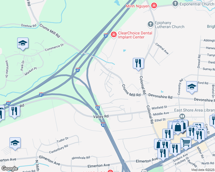 map of restaurants, bars, coffee shops, grocery stores, and more near 288 Beacon Drive in Harrisburg