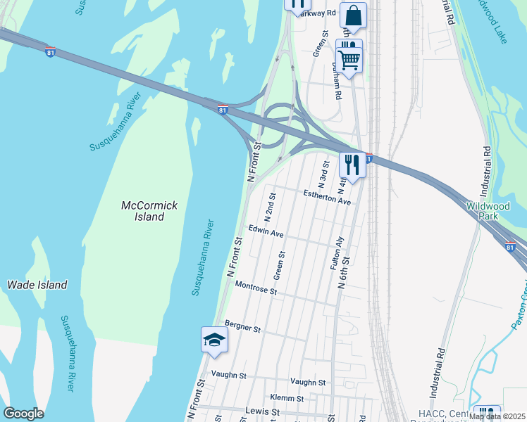 map of restaurants, bars, coffee shops, grocery stores, and more near 3610 North 2nd Street in Harrisburg