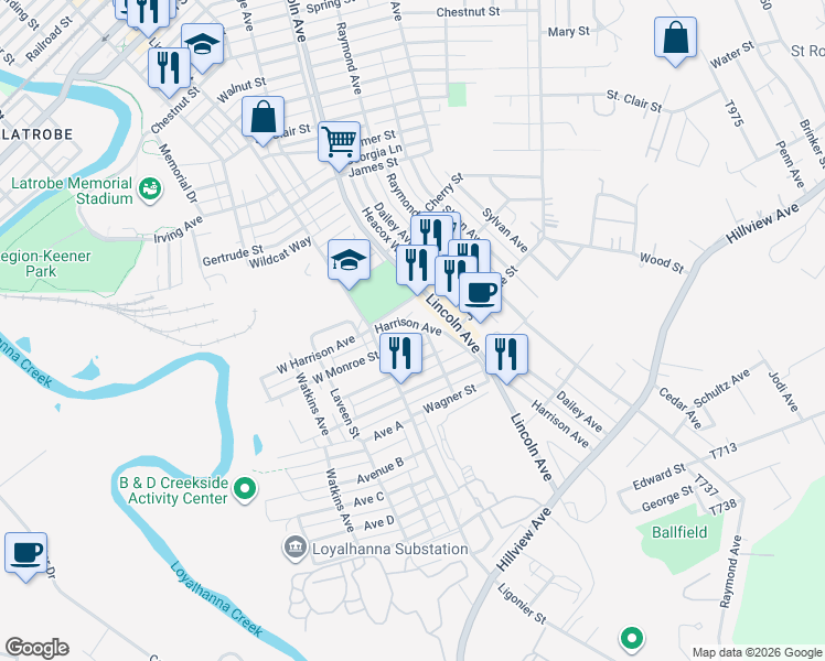 map of restaurants, bars, coffee shops, grocery stores, and more near 38 Harrison Avenue in Latrobe