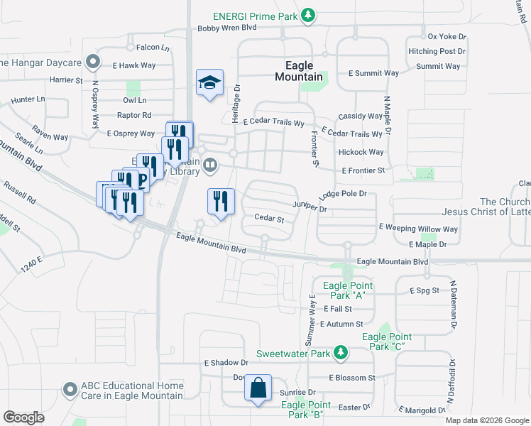 map of restaurants, bars, coffee shops, grocery stores, and more near 1823 East Cedar Drive in Eagle Mountain