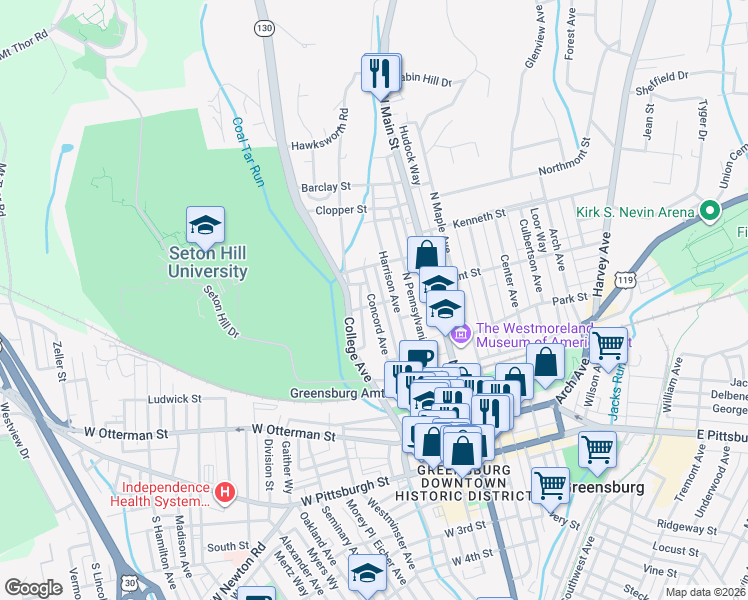 map of restaurants, bars, coffee shops, grocery stores, and more near 403 Concord Avenue in Greensburg