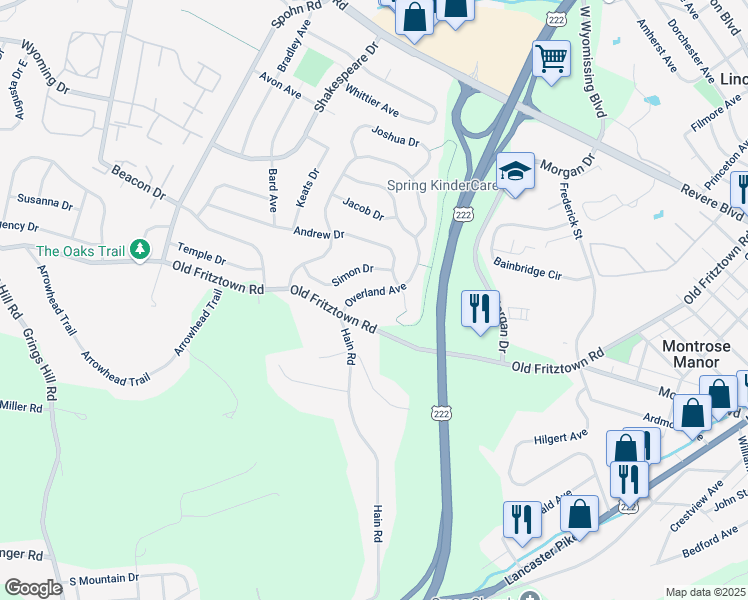 map of restaurants, bars, coffee shops, grocery stores, and more near 2314 Overland Avenue in Sinking Spring
