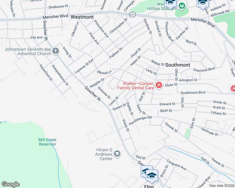 map of restaurants, bars, coffee shops, grocery stores, and more near 210 Leon Street in Johnstown