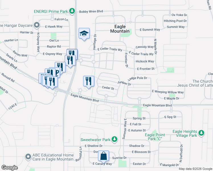 map of restaurants, bars, coffee shops, grocery stores, and more near 1796 Juniper Drive in Eagle Mountain