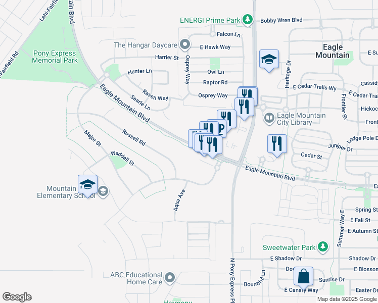 map of restaurants, bars, coffee shops, grocery stores, and more near 1308 Eagle Mountain Boulevard in Eagle Mountain