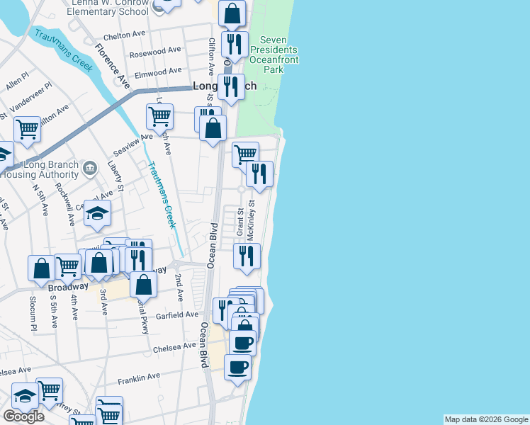 map of restaurants, bars, coffee shops, grocery stores, and more near 30 McKinley Street in Long Branch