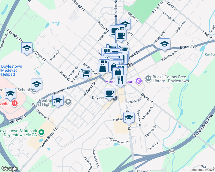 map of restaurants, bars, coffee shops, grocery stores, and more near 50 South Clinton Street in Doylestown