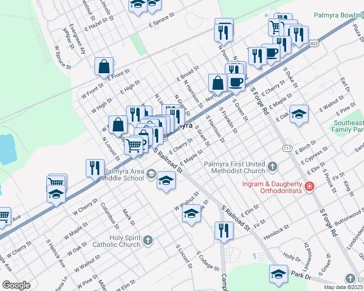 map of restaurants, bars, coffee shops, grocery stores, and more near 129 East Cherry Street in Palmyra