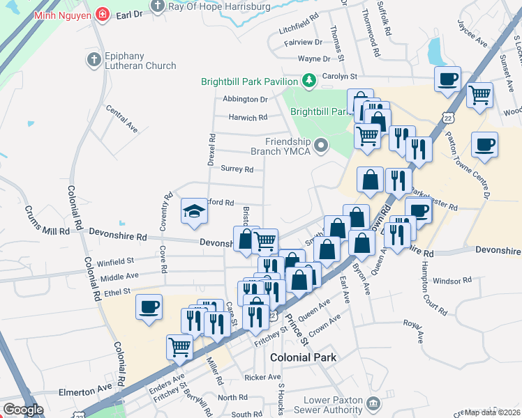 map of restaurants, bars, coffee shops, grocery stores, and more near 451 North Houcks Road in Harrisburg