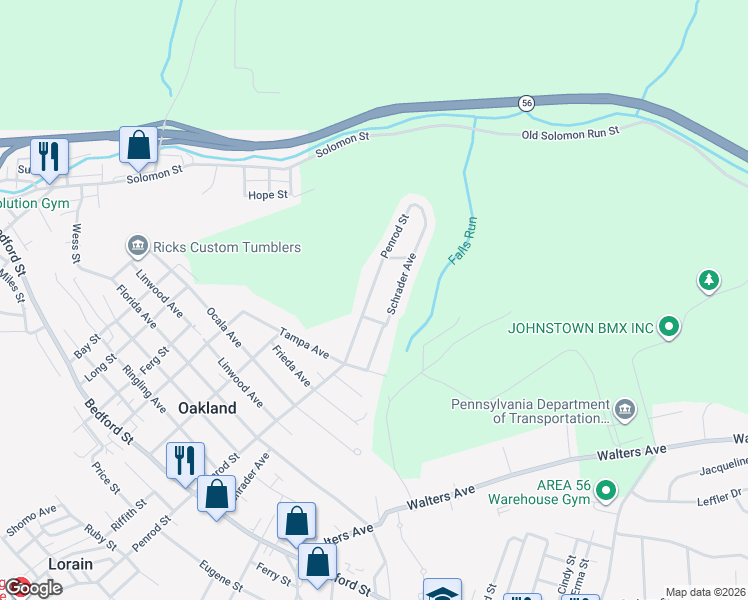 map of restaurants, bars, coffee shops, grocery stores, and more near 81-99 Penrod Street in Johnstown