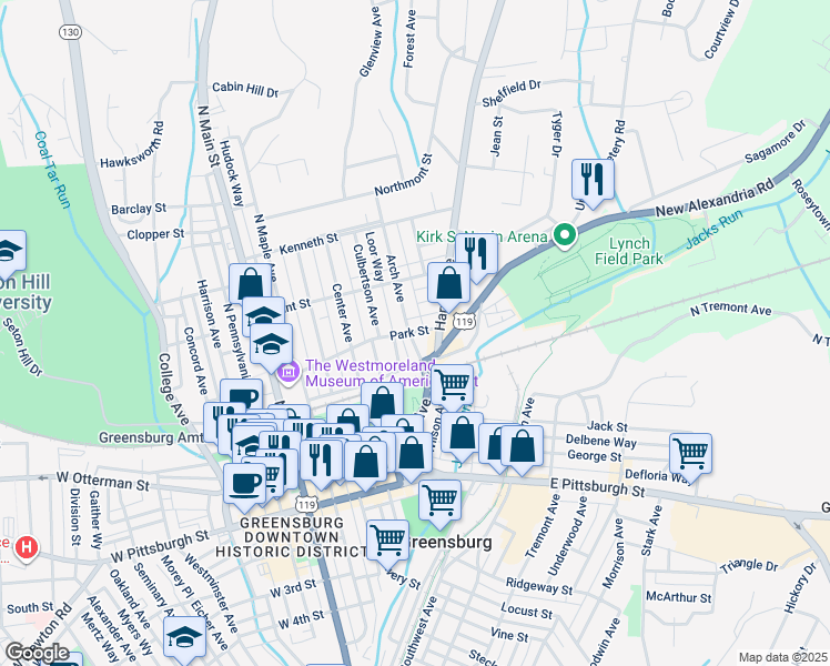 map of restaurants, bars, coffee shops, grocery stores, and more near 312 Arch Avenue in Greensburg