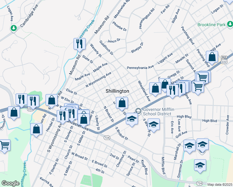 map of restaurants, bars, coffee shops, grocery stores, and more near 213 State Street in Shillington