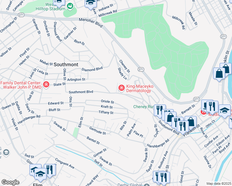 map of restaurants, bars, coffee shops, grocery stores, and more near 406 Southmont Boulevard in Johnstown