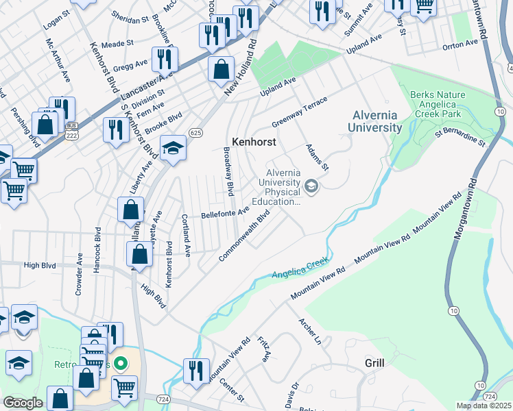 map of restaurants, bars, coffee shops, grocery stores, and more near 132 Bellefonte Avenue in Reading