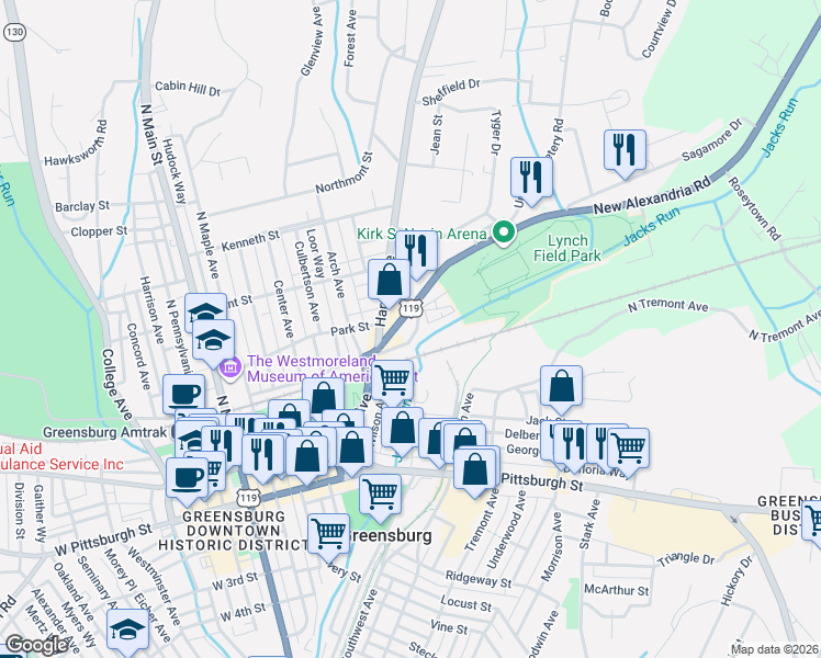 map of restaurants, bars, coffee shops, grocery stores, and more near 454 Roosevelt Way in Greensburg