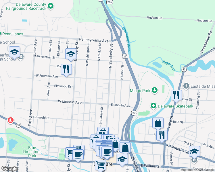 map of restaurants, bars, coffee shops, grocery stores, and more near 285 North Sandusky Street in Delaware