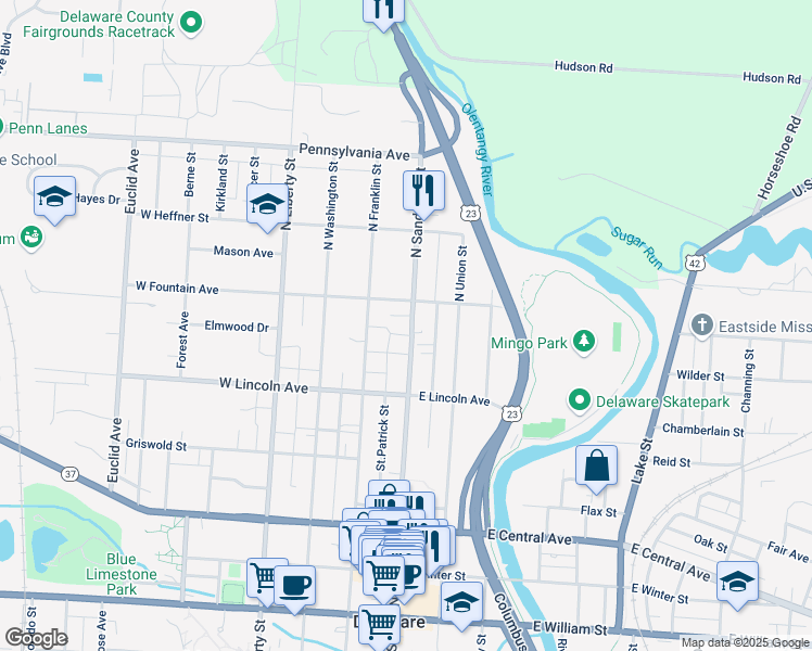 map of restaurants, bars, coffee shops, grocery stores, and more near 285 North Sandusky Street in Delaware