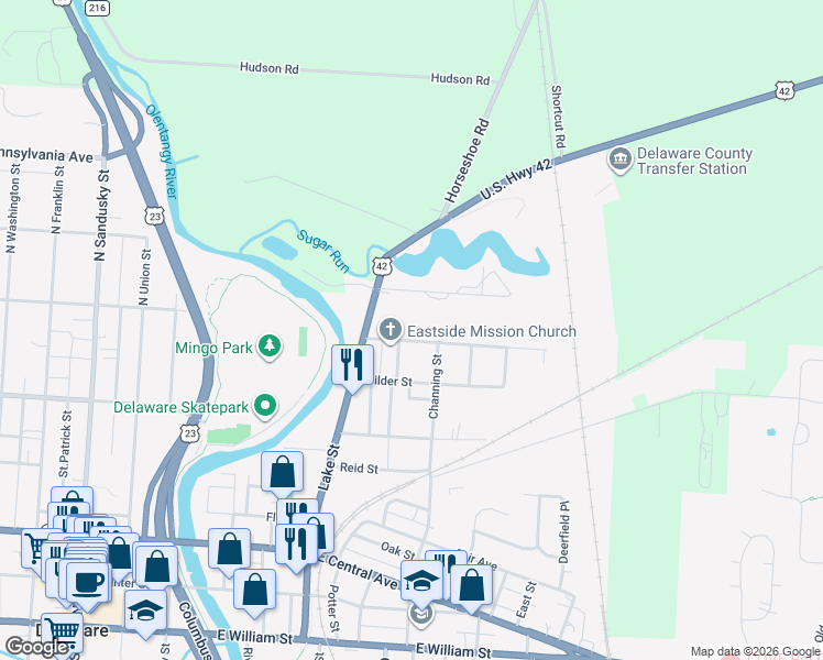 map of restaurants, bars, coffee shops, grocery stores, and more near 47 Joy Avenue in Delaware
