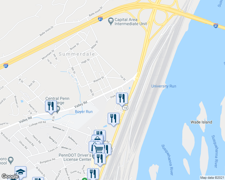 map of restaurants, bars, coffee shops, grocery stores, and more near 100 2nd Street in Enola
