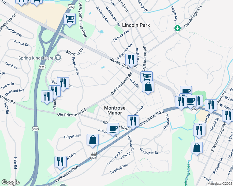 map of restaurants, bars, coffee shops, grocery stores, and more near 304 Old Fritztown Road in Shillington