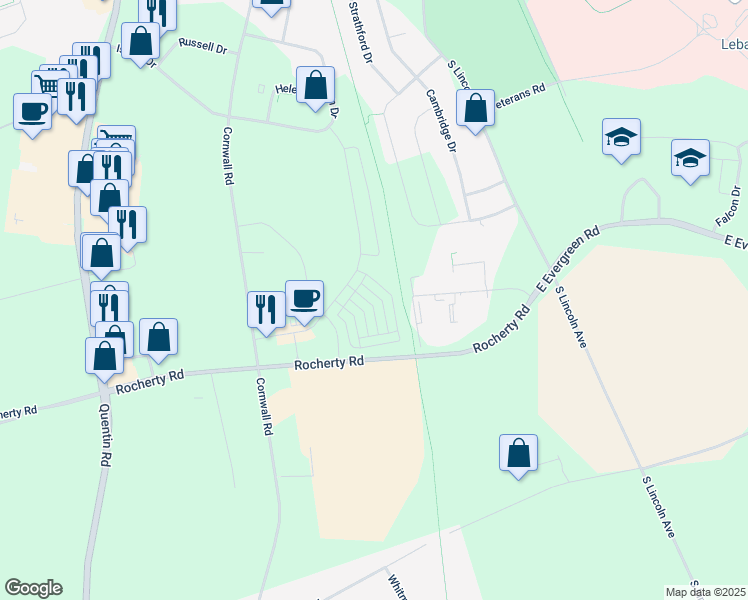 map of restaurants, bars, coffee shops, grocery stores, and more near 720 Farmwood Lane in Lebanon