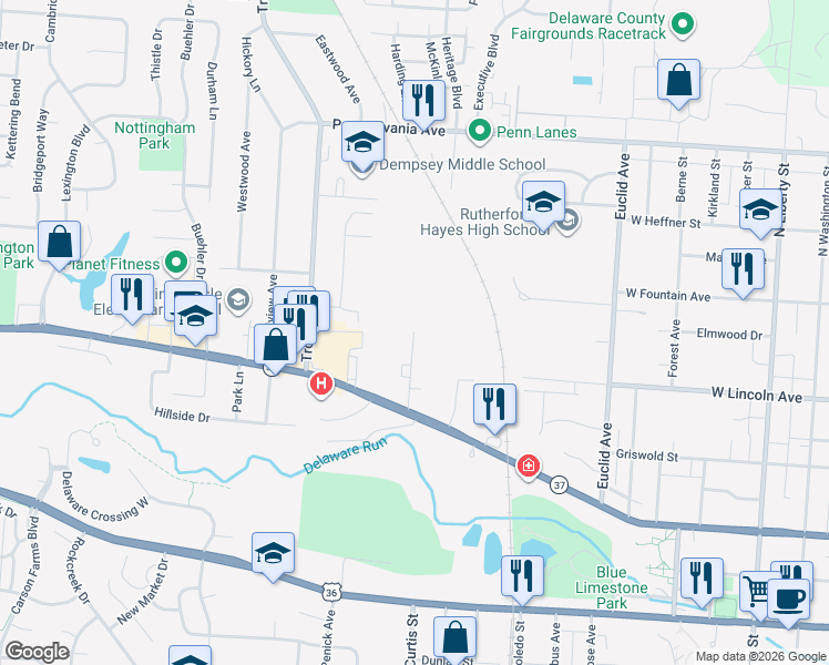 map of restaurants, bars, coffee shops, grocery stores, and more near 180 Northwood Drive in Delaware