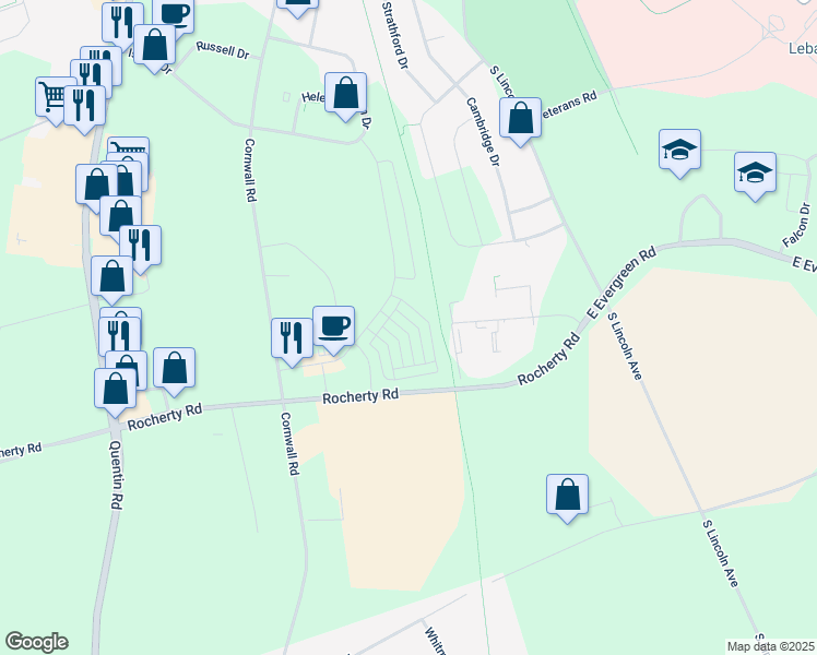 map of restaurants, bars, coffee shops, grocery stores, and more near 720 Farmwood Lane in Lebanon