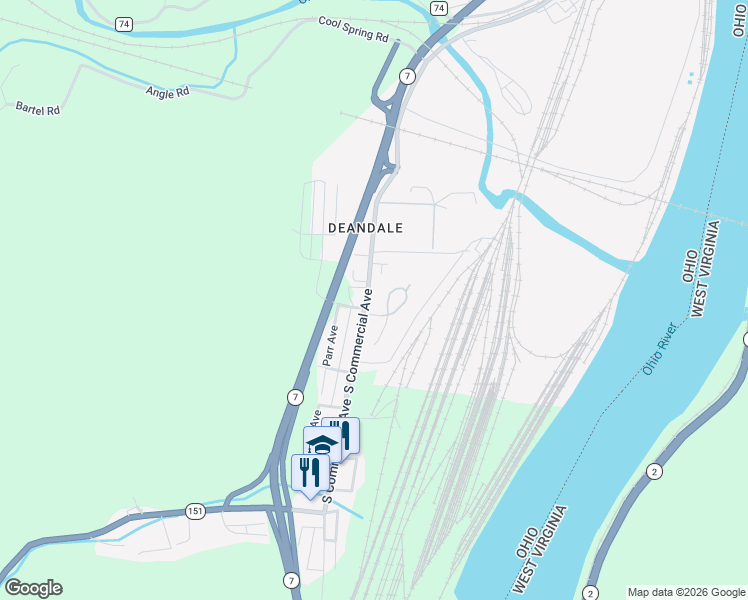 map of restaurants, bars, coffee shops, grocery stores, and more near 2120 Commercial Street in Mingo Junction