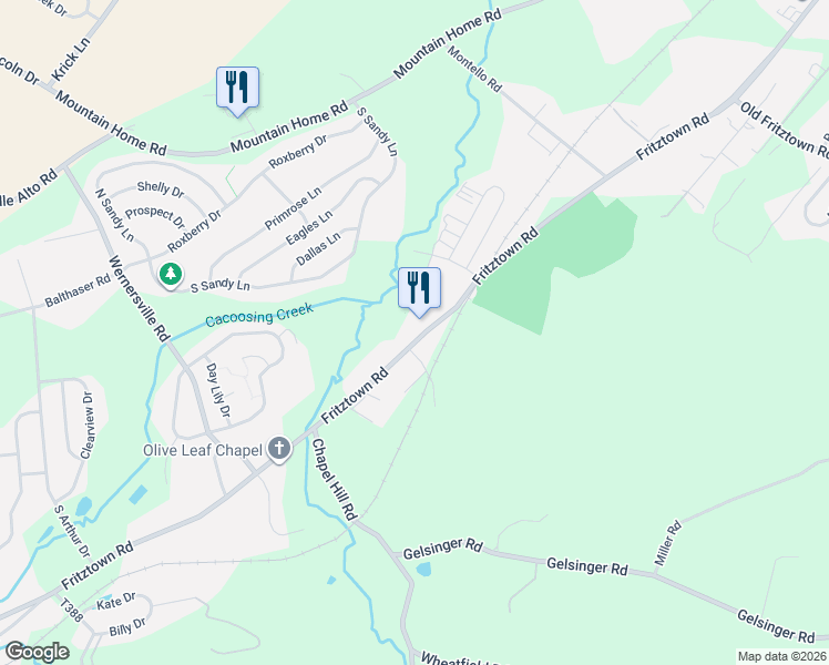 map of restaurants, bars, coffee shops, grocery stores, and more near 741 Fritztown Road in Sinking Spring