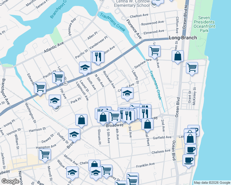 map of restaurants, bars, coffee shops, grocery stores, and more near in Long Branch